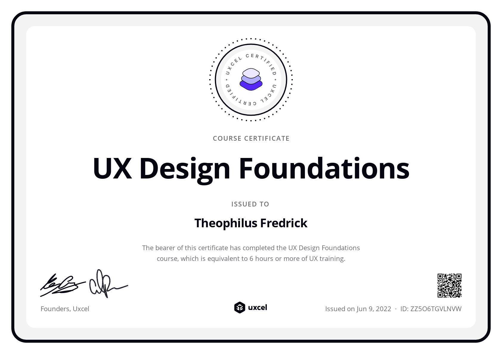 Theophilus Fredrick's certificate